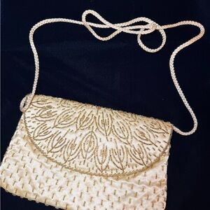 Beaded Cream Evening Bag with Gold Accents